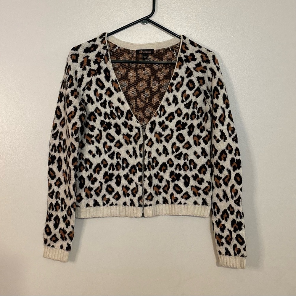 Ella Moss Leopard Print Angora Wool Blend Zipper Sweater Womens Size Small
